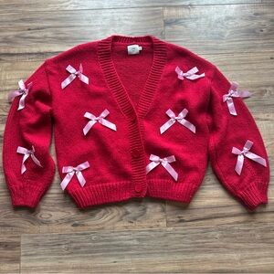 Luna Ivy pink & red knitted 3D Bows long sleeve Cardigan weater womens small